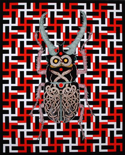 Greek artist, painting, artwork, dimitris ntokos, lives in Athens, scarab, scarabeus, beetle, dimitris dokos, canvas, contemporary art, modern art, art, beetle, optic art, art