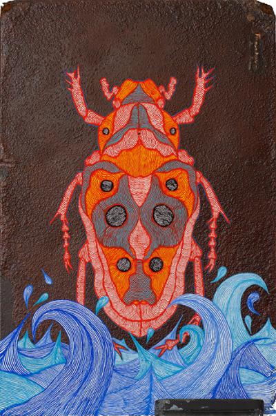 Greek artist, painting, artwork, dimitris ntokos, lives in Athens, scarab, scarabeus, beetle, dimitris dokos, canvas, contemporary art, modern art, art, beetle, optic art, art