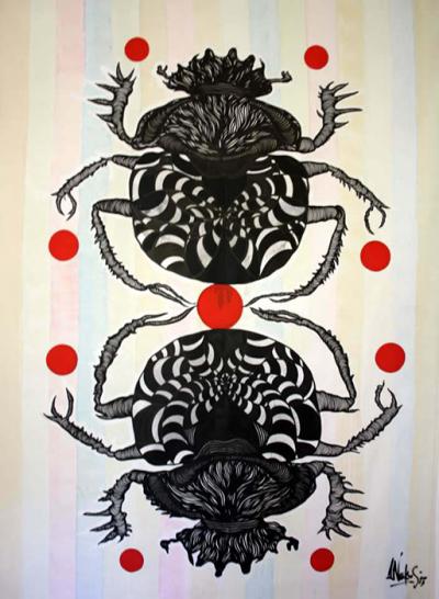 Greek artist, painting, artwork, dimitris ntokos, lives in Athens, scarab, scarabeus, beetle, dimitris dokos, canvas, contemporary art, modern art, art, beetle, optic art, art
