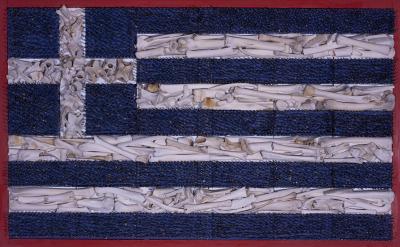 Greek flag,nails, bones, Greek artist, painting, artwork, dimitris ntokos, lives in Athens, scarab, scarabeus, beetle, dimitris dokos, canvas, contemporary art, modern art, art, beetle, optic art, art