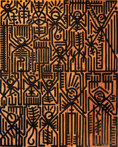 Greek artist, painting, artwork, dimitris ntokos, lives in Athens, signs, symbols, dimitris dokos, urban hieroglyphics, canvas, contemporary art, dialect, modern art