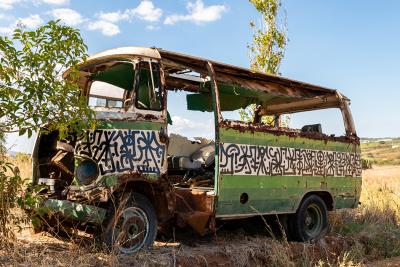 Greek artist, painting, artwork, dimitris ntokos, lives in Athens, signs, symbols, dimitris dokos, urban hieroglyphics, canvas, contemporary art, dialect, modern art, burned car, abandonedcar